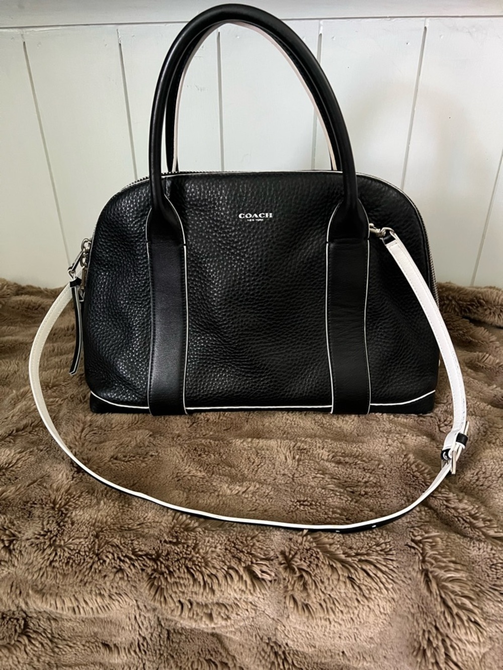 Coach Preston Black Pebbled Leather Satchel with Edgepaint Trim and Strap